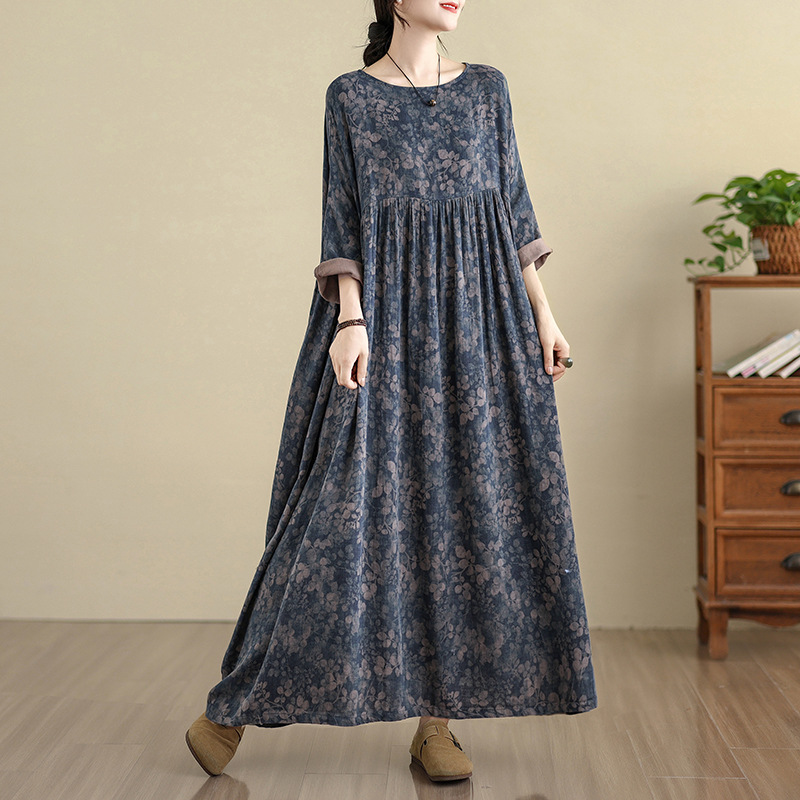 2025 long-sleeve plus size 300 jin vintage versatile digital print thickened long dress cotton-linen dress