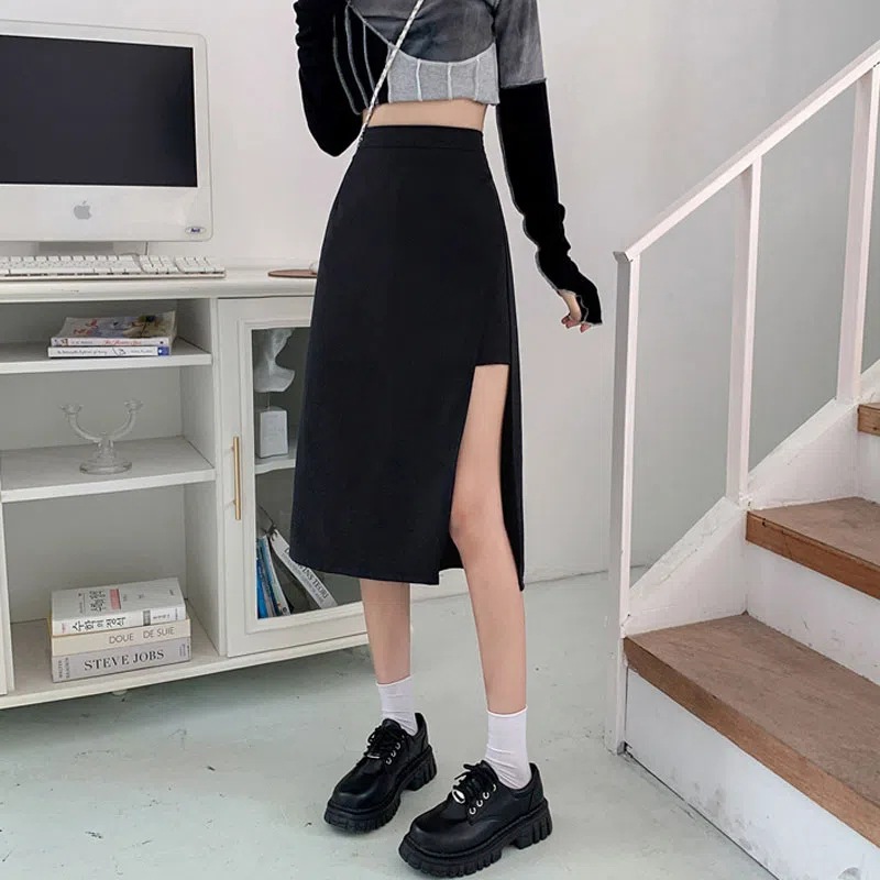 Autumn Mid-length skirt women's plus size fat m high waist slimming split cover A- line temperament sister online celebrity hip skirt