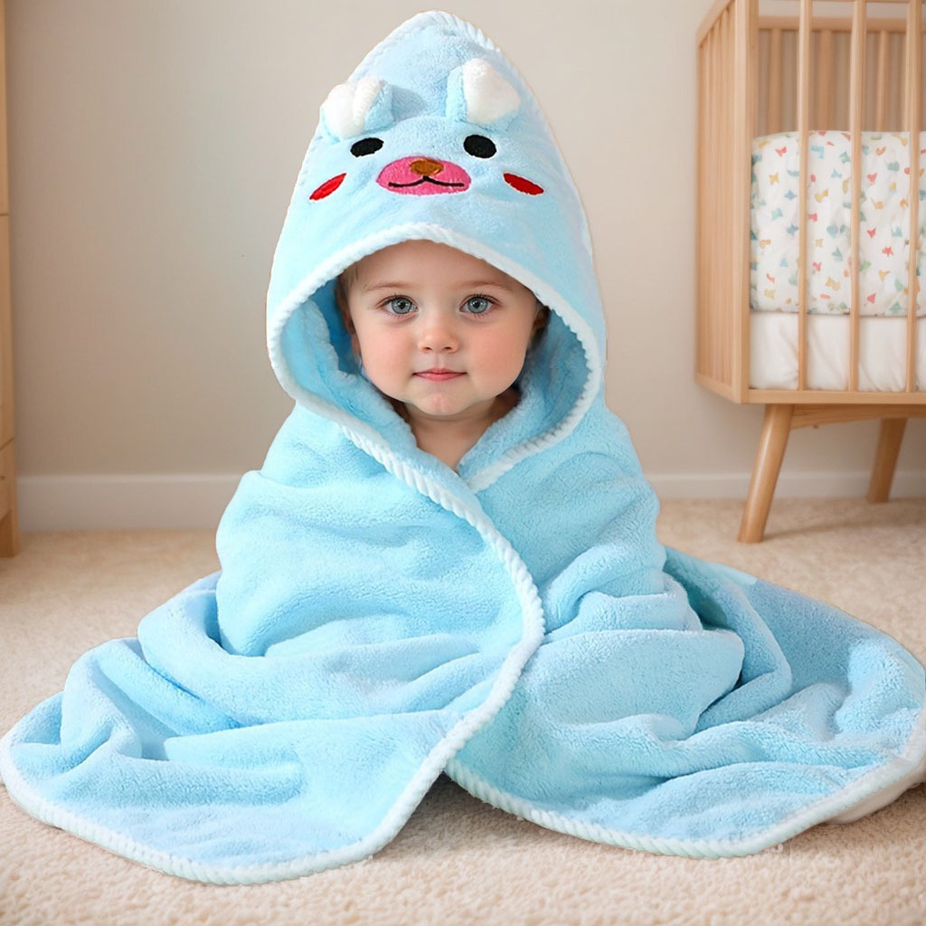 Picture of Baby Cartoon Bag Blanket Coral Fleece Absorbent Children's Bath Towel Embroidered Blanket with Hood Cloak Soft Newborn Blanket