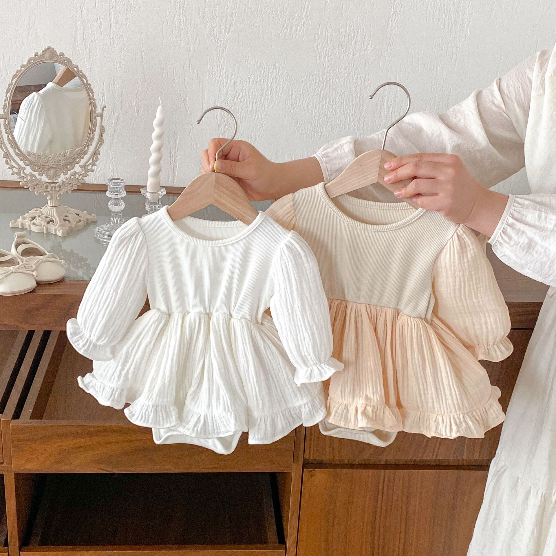 New Baby Girl Long Sleeve Stitching Sweet Jumpsuit Dress Newborn Hundred Days Full Moon Princess Jumpsuit