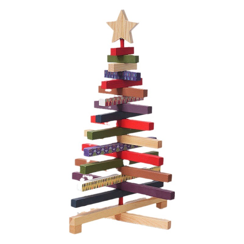 Cross-border New Wooden Rotating Christmas Tree Ornaments Window Decorations Home Desktop Ornaments Building Blocks Gift Wholesale