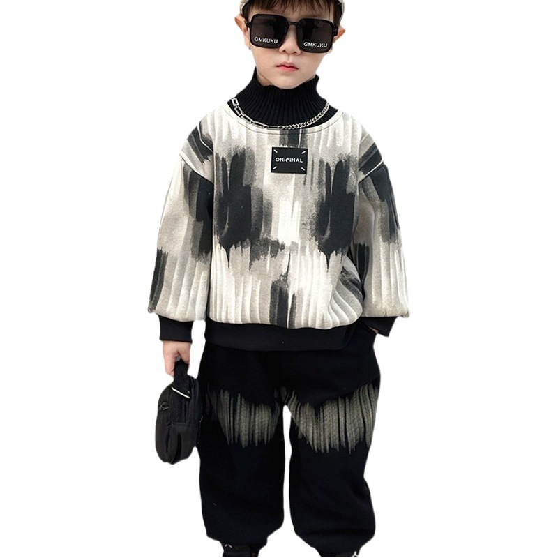Boys' Winter Fleece-Lined Turtleneck Sweatshirt and Sweatpants Two-Piece Set 2025 New Trendy Tie-Dye Korean Style Outfit for Young Children