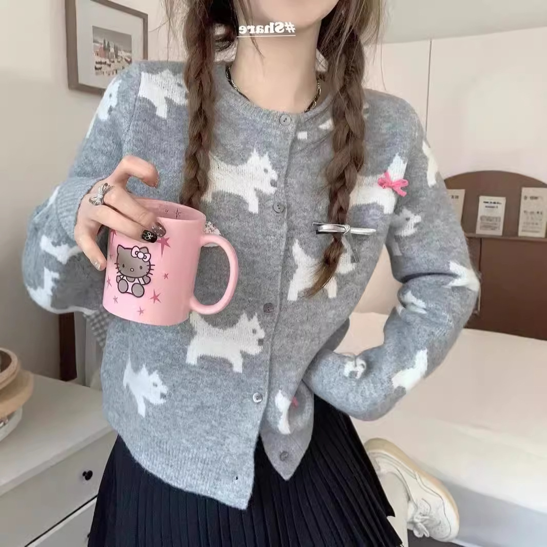 in stock All-match Bow Dog Jacquard Laid-back Crewneck Sweater Cardigan Women's Top Short Sweater Coat