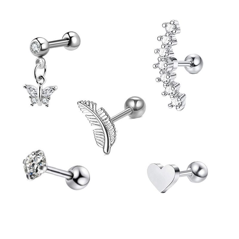 Picture of 5-Piece Set of Amazon Geometric Stainless Steel Zircon Earrings Cross-Border European and American Piercing Jewelry Silver Twisted Tooth Earrings
