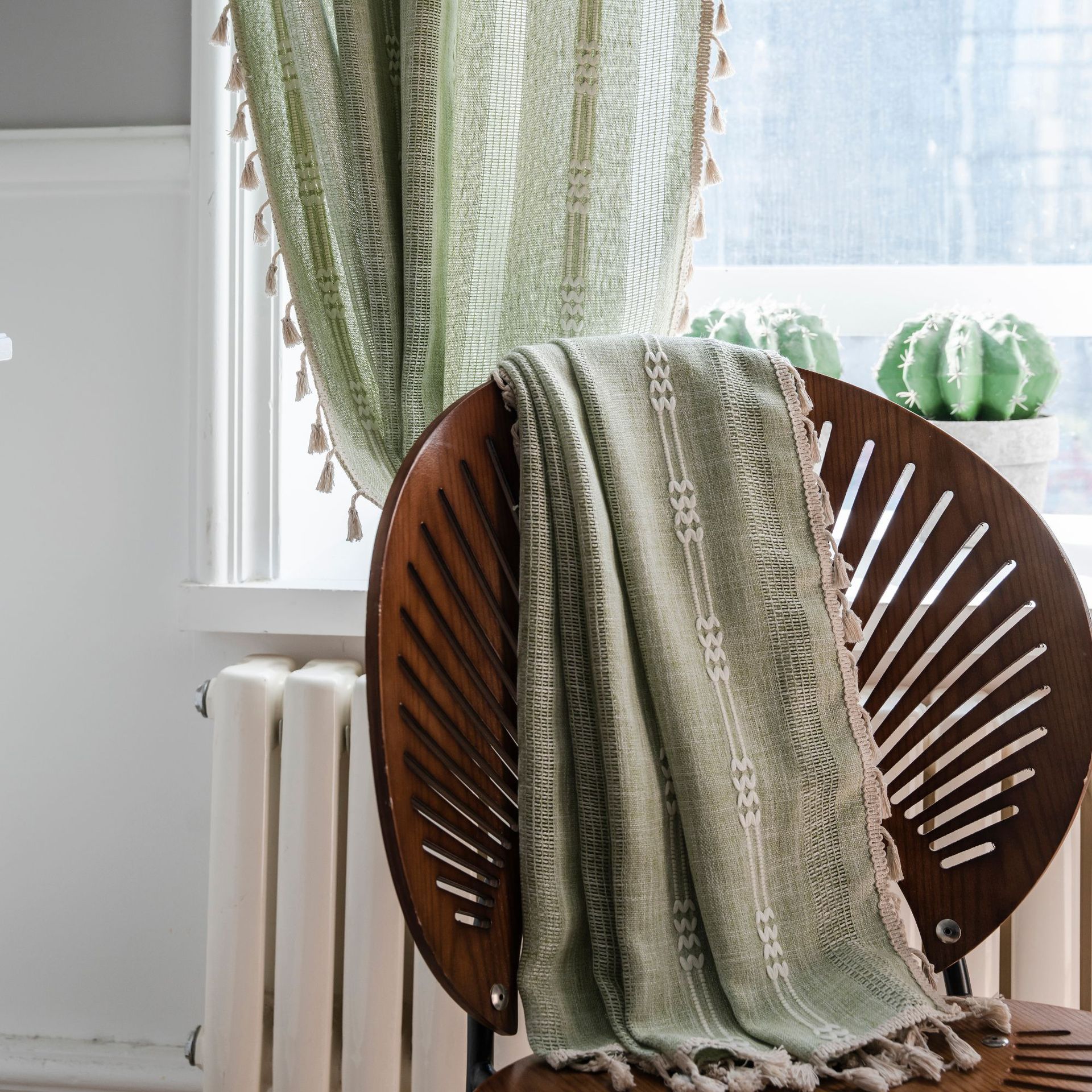 Picture of Yuman Qiyun Curtain Finished Green Plain Stripe Embroidered Curtain Semi-Shaded Hollow Kitchen Living Room Window Curtain