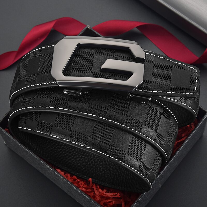 Cross-border AliExpress Men's Belt Top Layer Cowhide Embossed Automatic Buckle Genuine Leather Belt European and American Men's Trouser Belt in stock