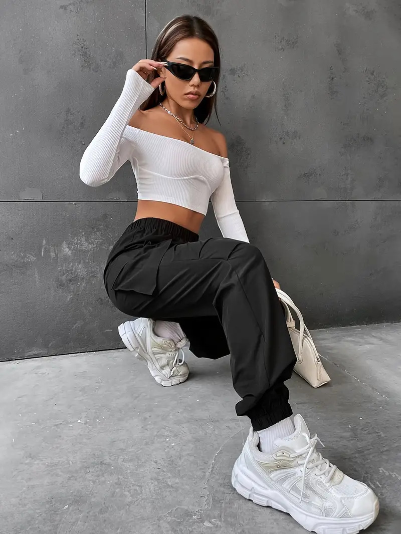 Cross-border European and American style HIPHOP street fashion women's pure black elastic waist drawstring straight sports style women's trousers