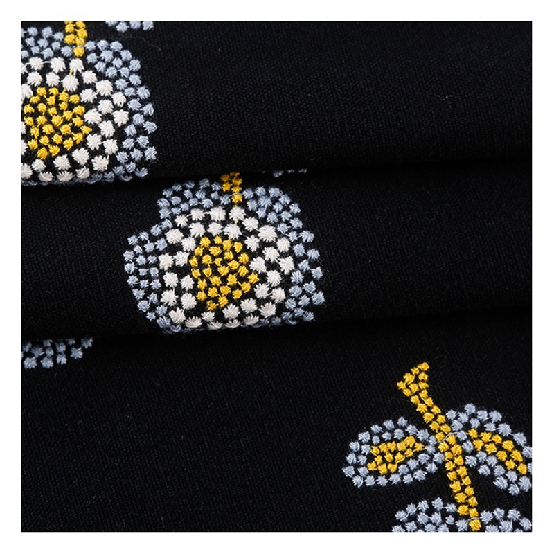Manufacturer Supplies Thick Cotton and Linen Fabric with Three-Color Small Floral Heavy Embroidery for DIY Handmade Bags and Clothing Fabric with Three-Dimensional Embroidery