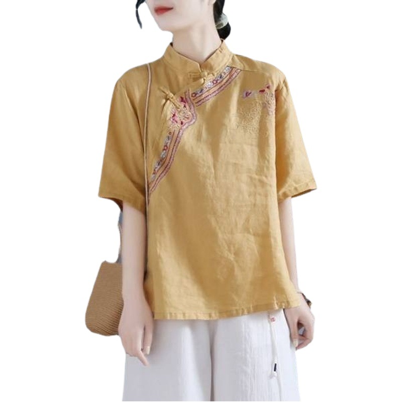 Picture of Cotton Linen Short-sleeved Shirt Women's 2024 Summer New Loose Design Sense Chinese Style Retro Buckle Embroidered Top Trendy