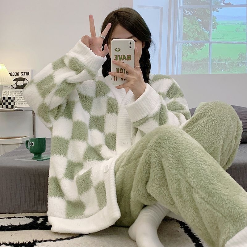 Chessboard Plaid ins Style Pajamas Women's Autumn and Winter Kimono Cardigan V-neck Coral Fleece Cute Student Home Suit