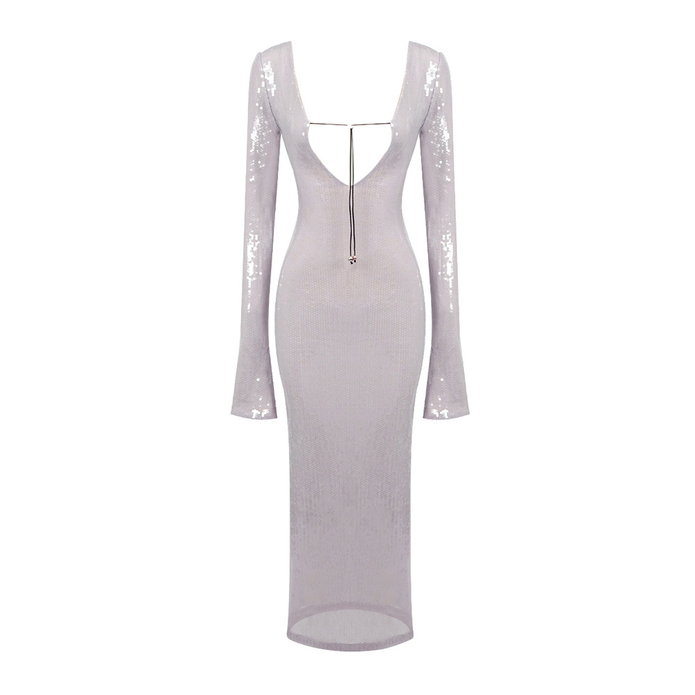 Picture of European and American Fashion Purple Transparent Sequin Backless Bell Dress Summer Women's Export Trumpet Sleeve Long Skirt Dress