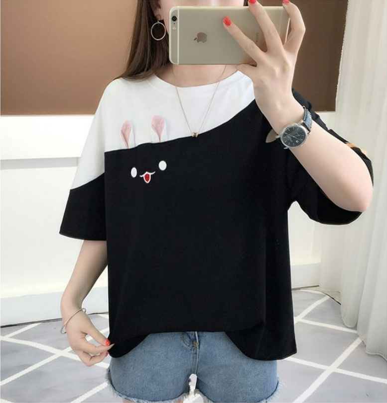 Picture of 2025 New Summer Embroidered Rabbit Korean Style Color Block T-Shirt Student Top Loose Short-Sleeved Women's Clothing One Piece Store