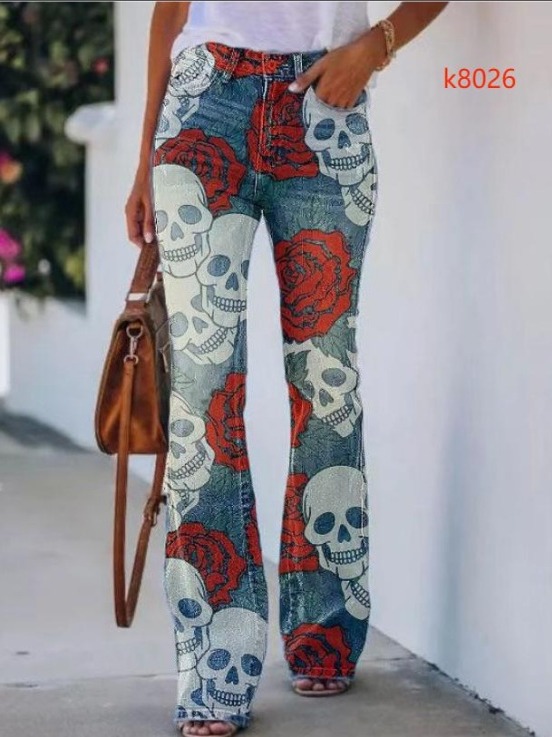 2023 Cross-border New Independent Station Explosions European and American Large Size Printed Imitation Denim Thin Jeans for Women