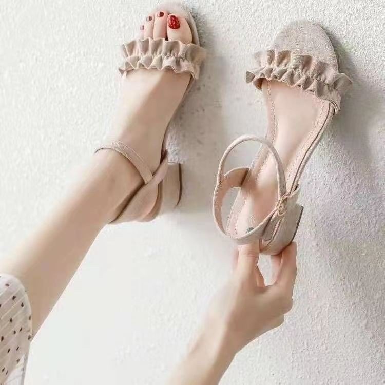 Sandals Women's Summer 2024 New Mid-heel Thick Heel All-match Women's Shoes with Buckle Fairy Style Fashion Women's Shoes with Skirt