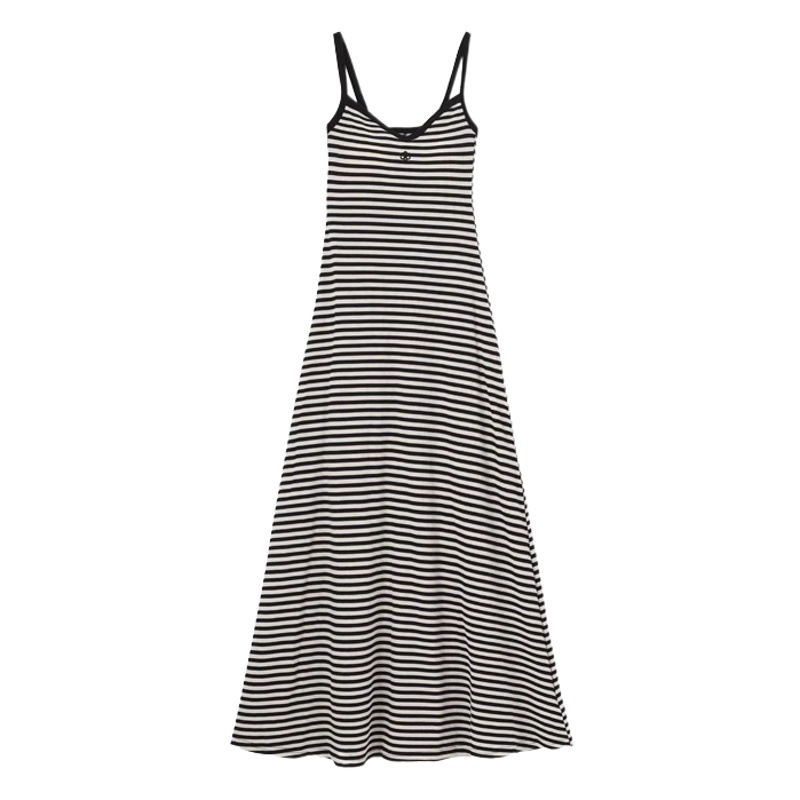 Striped V-neck A- line sling dress women's summer 2024 Korean casual all-match slim fit waist slimming dress