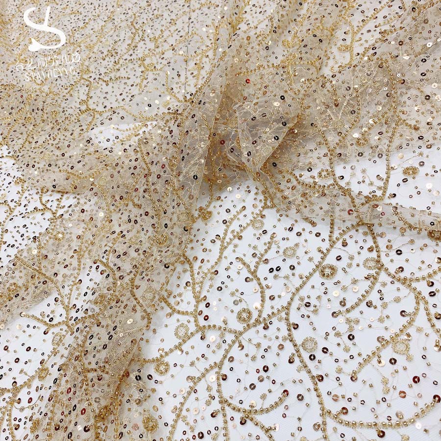 Factory supply new with sequins rice beads embroidery machine embroidery mop wedding dress bridesmaid evening dress lace fabric