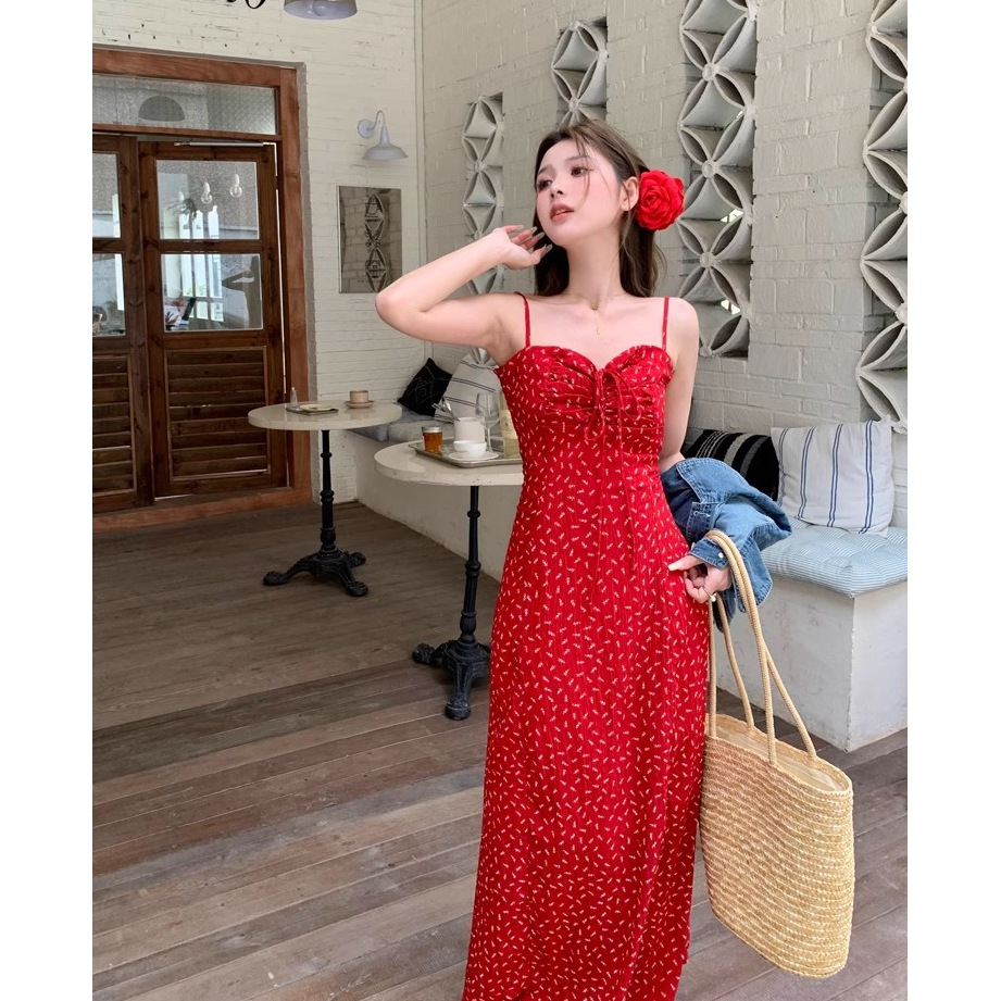 Floral Dress Women's Summer Hot Girl A-Line Dress Spaghetti Strap Dress Beach Long Dress Adjustable Straps + Back Tie