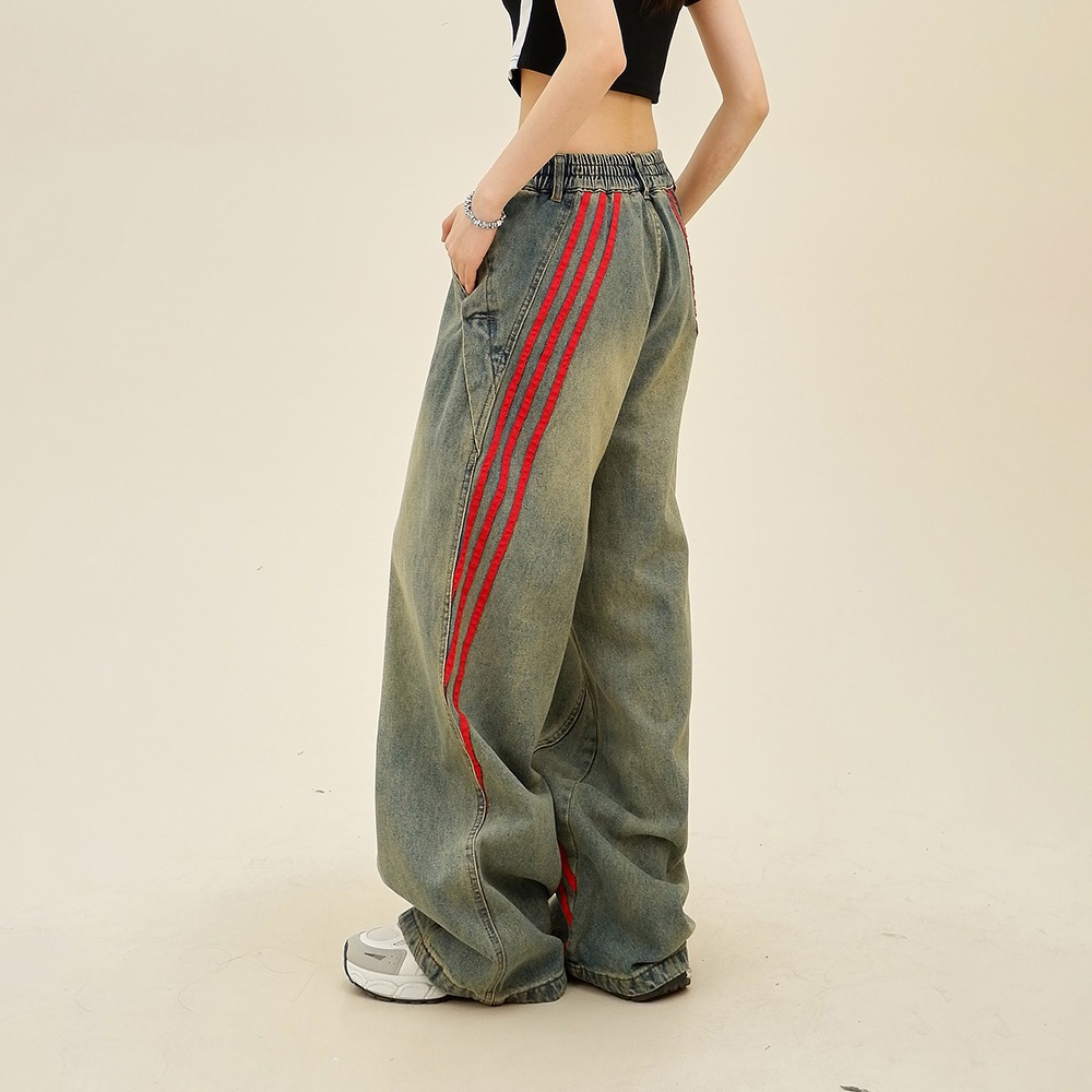 American Vibe Retro Stripesd Splicing Jeans Women's High Street Fashion Brand Loose Straight Casual Workwear Wide Leg Pants