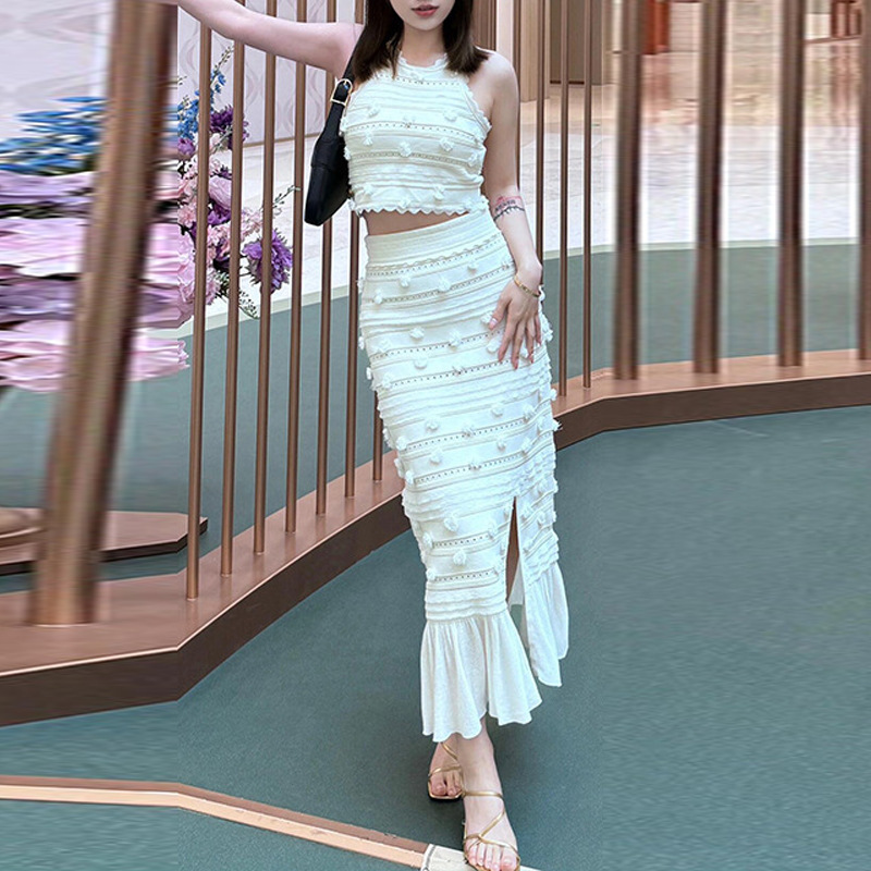 French fashion suit three-dimensional pompom flower hollow backless round neck sleeveless vest hip skirt two-piece set