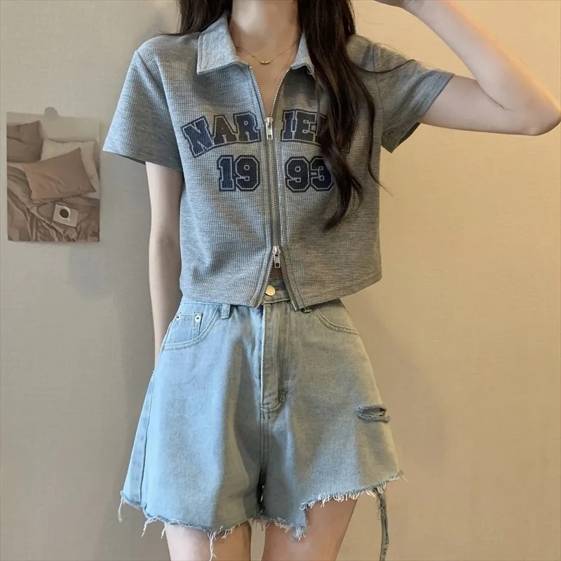Waffled polo collar short sleeve T-shirt women's spring and summer 2024 new letter printed short zipper cardigan top