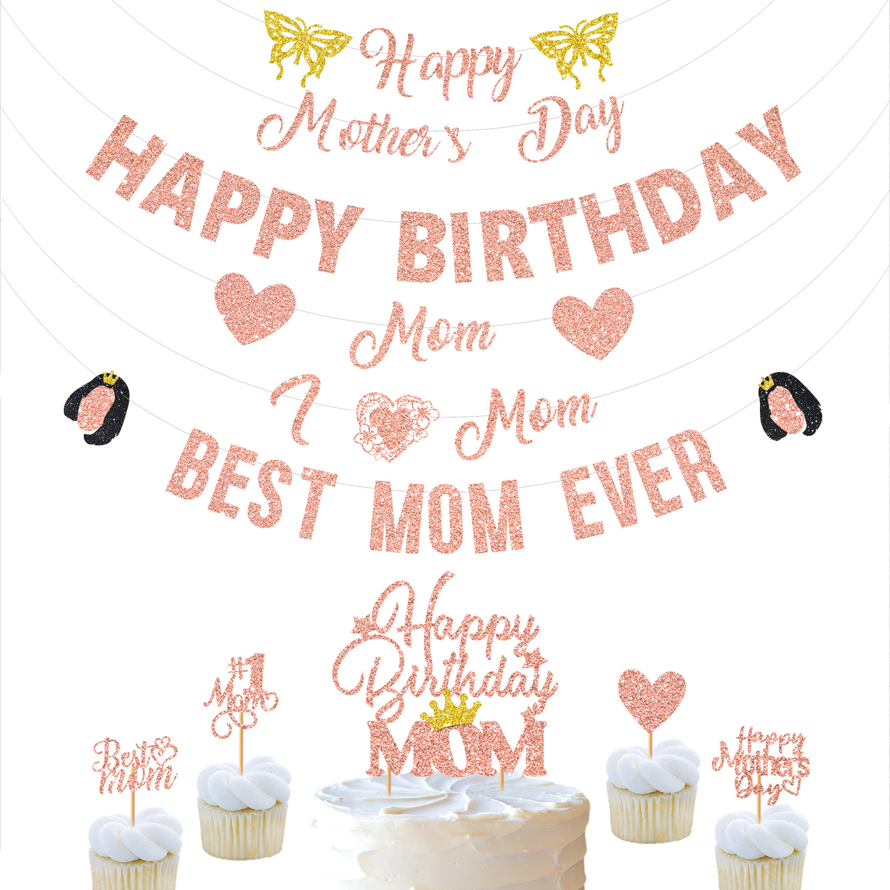 Amazon rose gold Mother's Day happy birthday cake card insertion sign pull flower pull flag Mother's Day party decoration