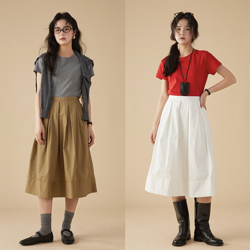MCL Homemade Korean Style High Waist Pure Cotton Skirt Women's 24ss Spring and Summer Simple Commuting Temperament Over-the-Knee A- Line Long Skirt