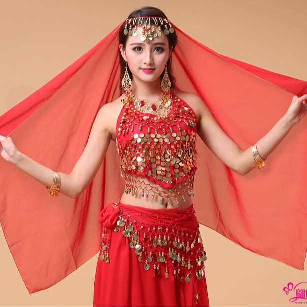 Picture of Indian Dance Performance Clothing Accessories Headwear New Belly Dance Hanging Coin Chiffon Practice Gauze Scarf Headscarf Veil