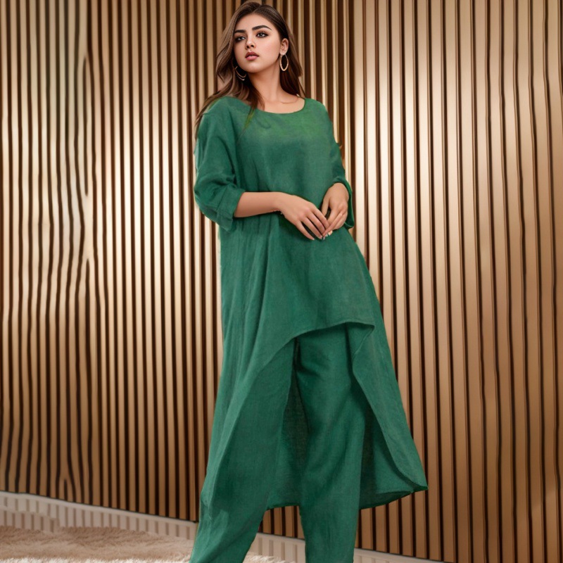 Picture of 2023 European and American New Women's Cotton and Linen Fashion Casual plus size Irregular Long-sleeved suit Wide-leg Pants Two-piece Set