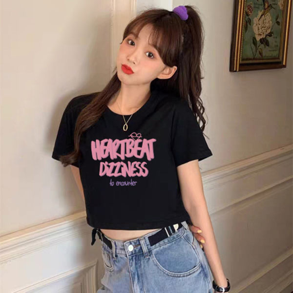 Short-sleeved T-shirt Women's Black Short Shoulder Summer Top New Sweet and Spicy Style American-style Slim-fit Navel-exposed Niche Students