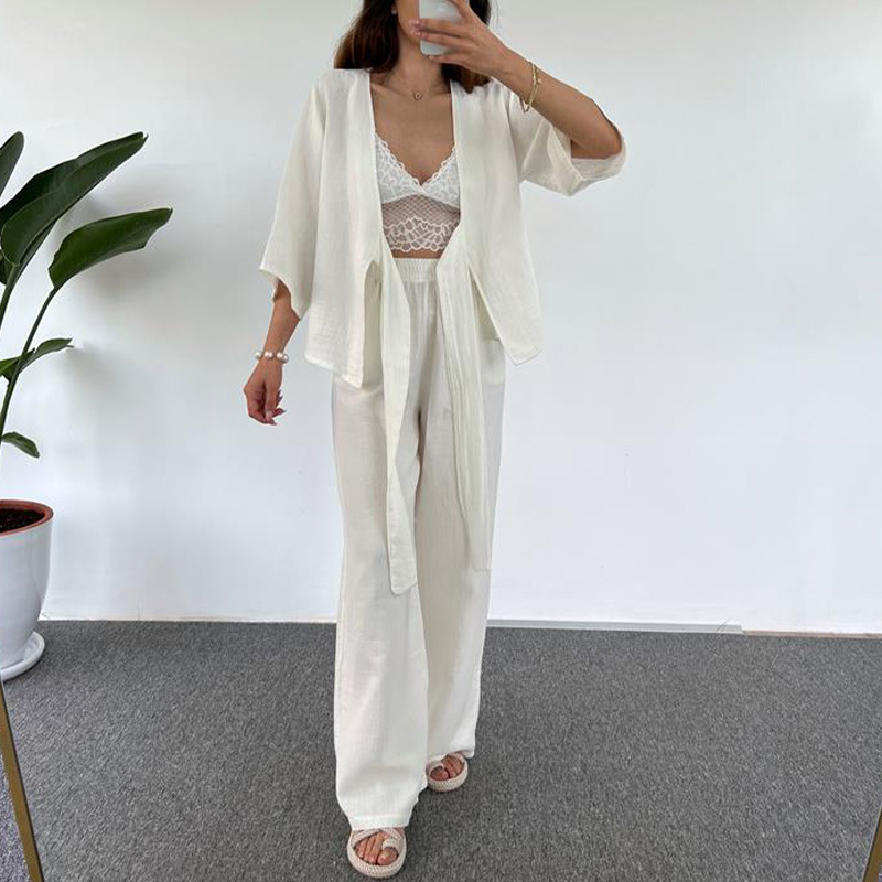 Picture of European and American Cross-Border Export Women's Fashion Casual Loose Suit Plain Lace-Up Three-Quarter Sleeve Cardigan Trousers Two-Piece Set