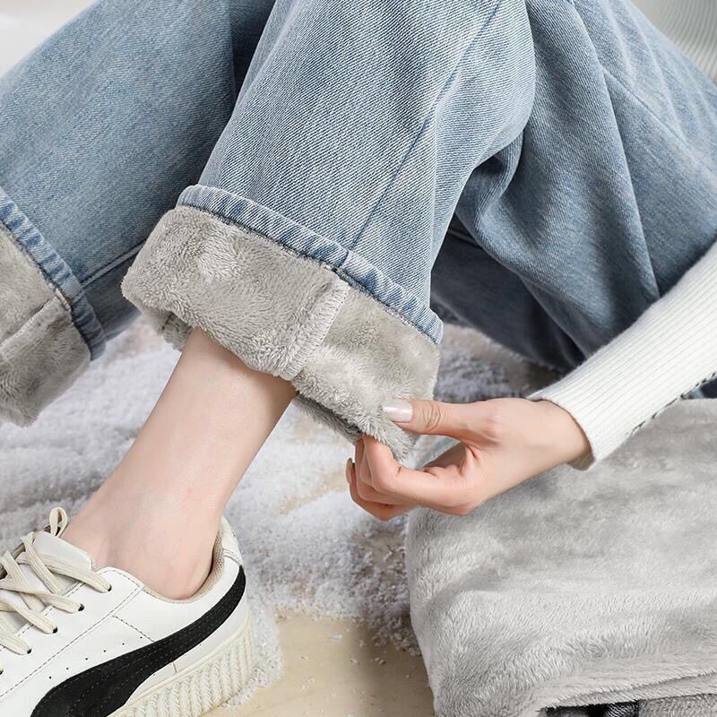 Fleece-Lined Wide-Leg Jeans Women's Autumn and Winter Warm High Waist Large Size Loose Thickened Straight Dropping Pants