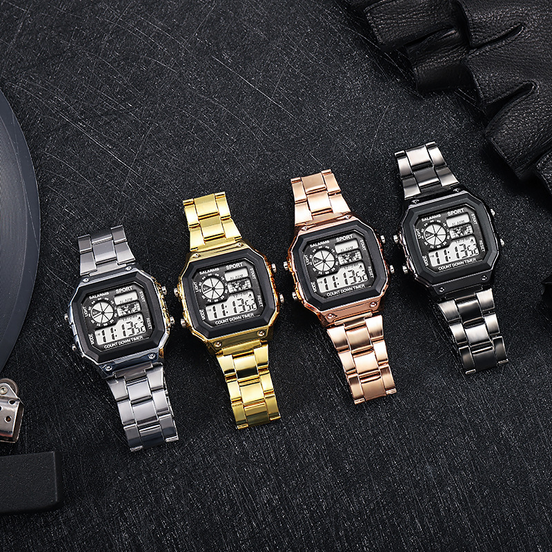 Men's Watch fashion LED luminous student electronic watch square watch steel band watch men's electronic watch