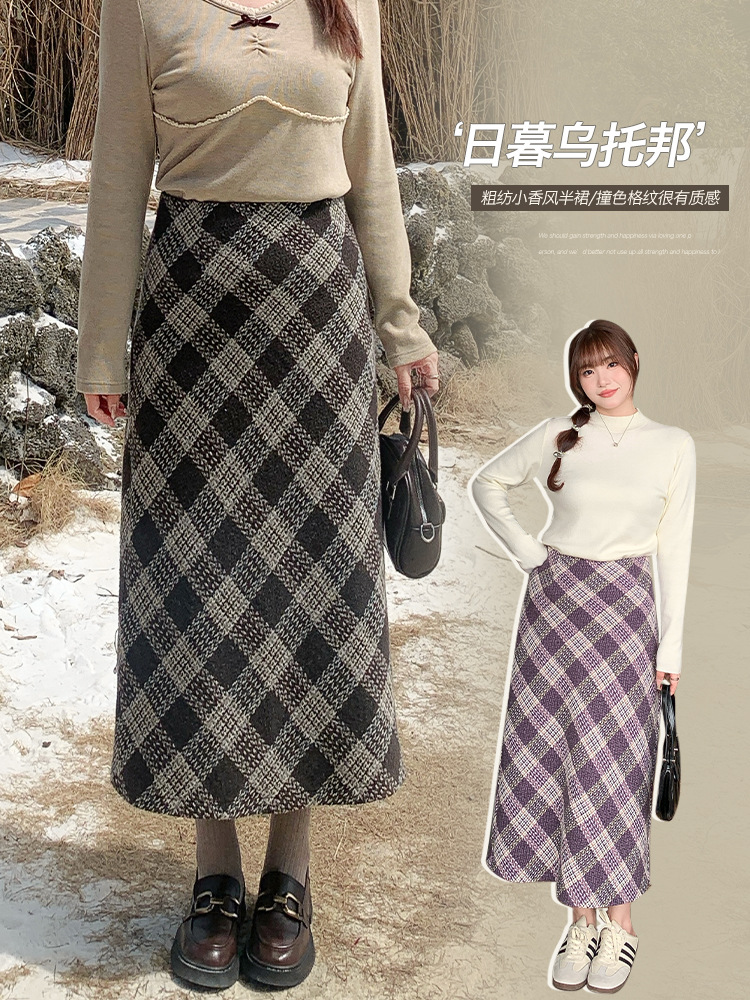 65106丨High-Waisted Contrasting Color Slub Plaid A-Line Skirt for Winter Fat mm Plus Size Women's Thickeneded Skirt That Covers the Flesh and Looks Slimming Look