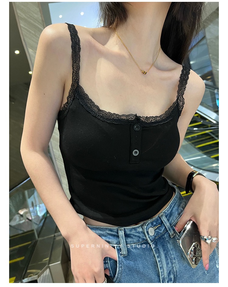 Picture of New Lace Inner Small Sling Spice Girl Slim-fit Sexy Vest Women's Design Sense Slim-fit Base Button Top Short