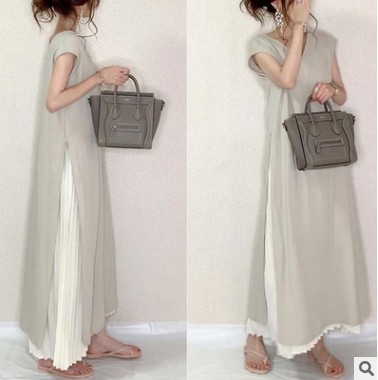Japanese Style Spot Summer Literary Style Solid Color Simple Loose Large Size Pleated Stitching Large Swing Short Sleeve Dress Women