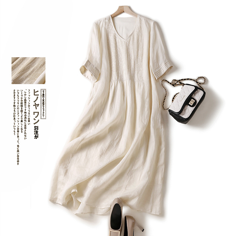 Vintage Organ Pleated Design Half Sleeve Dress Women's Artistic Solid Color V-neck Cotton Linen Cool Slimming Mid-length Dress
