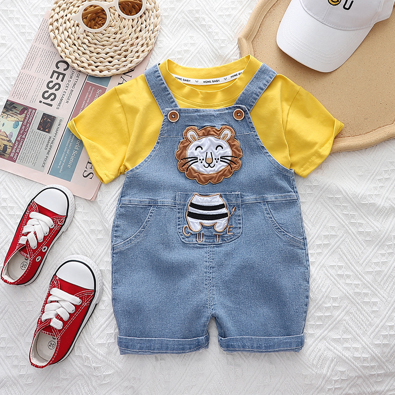 Picture of Children's Korean-style summer suit Boy's cartoon lion short-sleeved girl's baby Denim suspender pants one-piece delivery