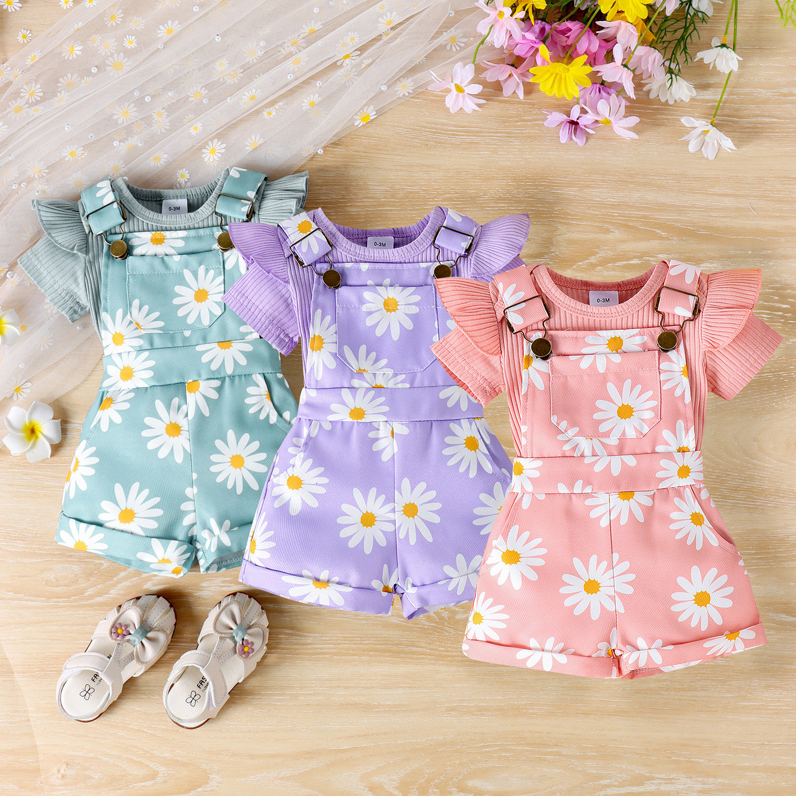 Picture of Cross-border INS Summer New Girls' Baby Solid Color Pit Strip Hare Flower Printed suit