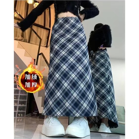Plaid Skirt Women's Autumn and Winter High Waist fleece-lined Thickened Slimming Pear-shaped Belly Covering Mid-length A- line Skirt
