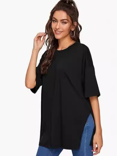 European and American Cross-border Foreign Trade Women's 2024 Amazon Summer New Loose Round Neck Casual Split Short Sleeve T-shirt Women
