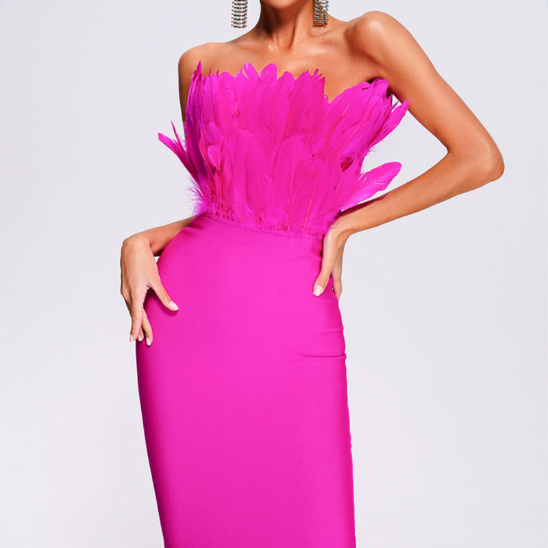 Christmas New Mid-length European and American Fashion Foreign Trade Dress Strapless Ostrich Hair High-end Temperament Bandage Dress for Women