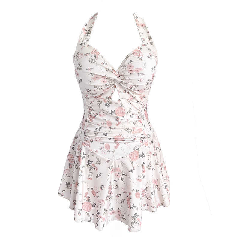 Picture of Cross-Border Swimsuit Women's One-Piece Skirt Korean Floral Halterneck Slimming Look Girl's Small Breast Push-Up Conservative Swimsuit Hot Style