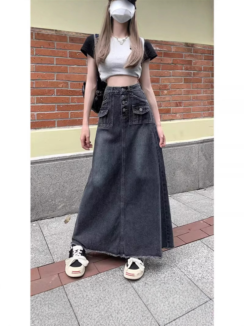 High Waist Design Sense A- word Rust Half-length Denim Skirt Women's Stitching Autumn and Winter Mid-length Slimming All-match Hip Skirt