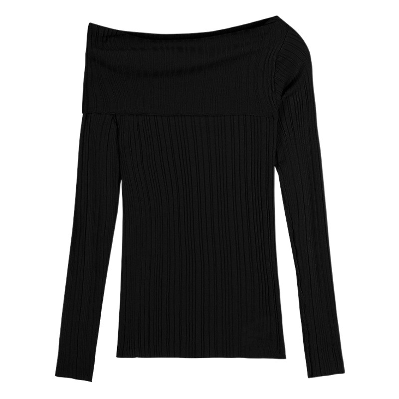 One-Shoulder Long-Sleeved Knitted Bottoming Shirt for Women 2025 Autum Black Sexy Asymmetrical Slim Fit Short Top