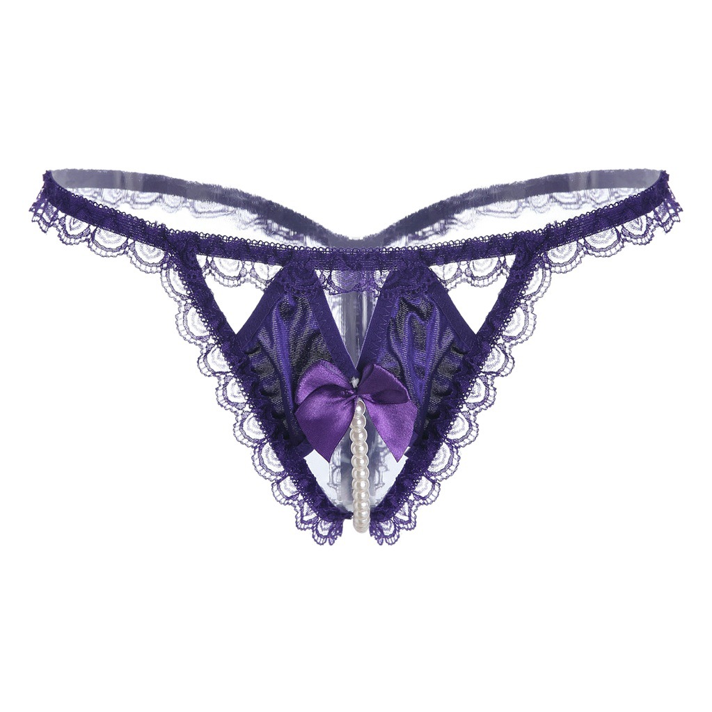Sexy Underwear Pearl Massage Bow Lace Transparent T-pants Open Sexy Temptation Women's thong