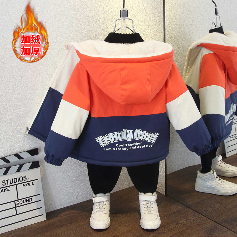 Girls' Autumn and Winter fleece-lined Thickened Warm Hooded Coat Boys' Fashion Letter Printing Loose Contrast Color Clip Overcome