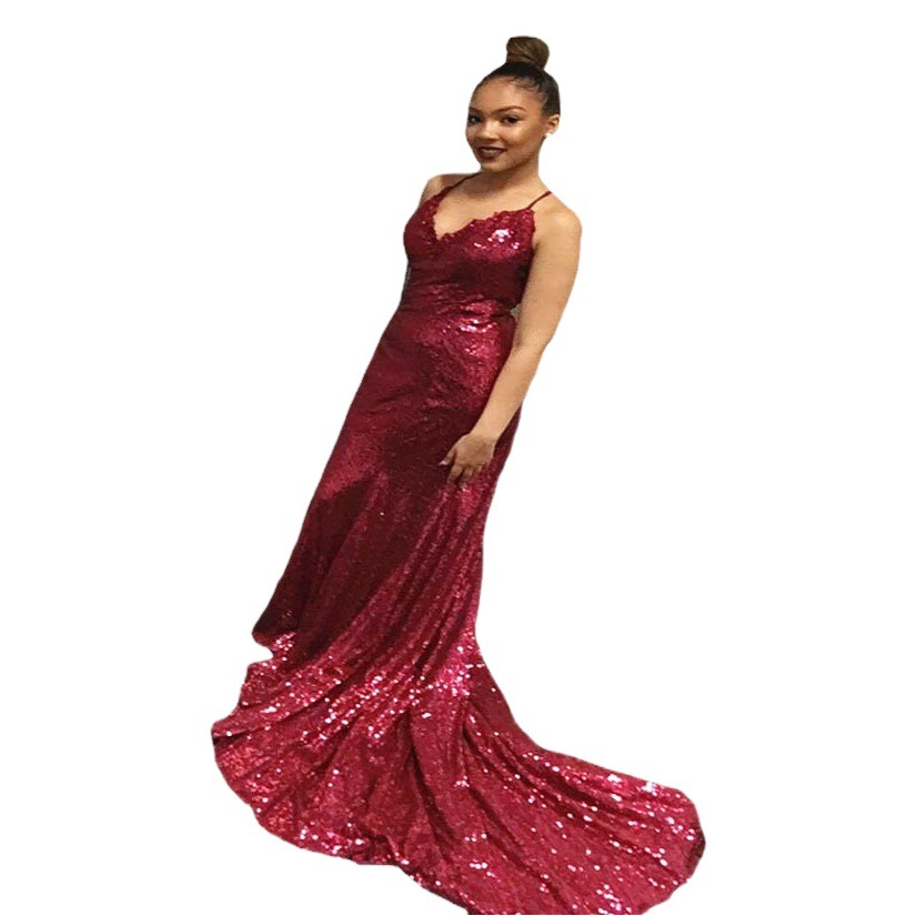 Picture of 2025 Summer New European and American Export Women's Clothing Amazon Ebay Sexy Suspender Sequin V Neck Fishtail Evening Dress
