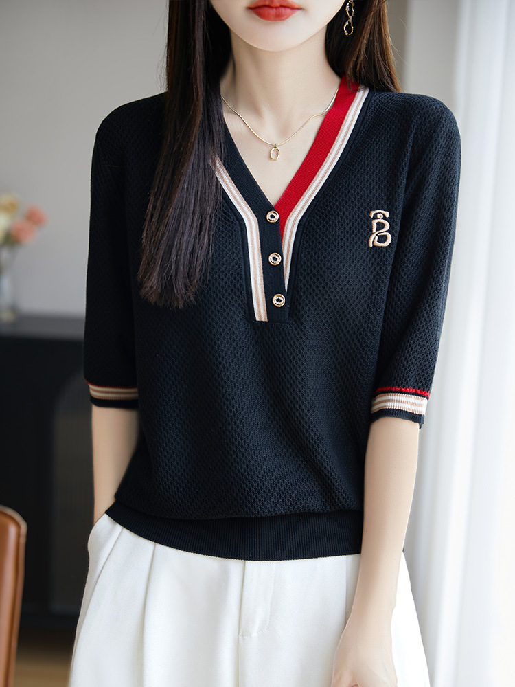 New Contrast Color V Neck Tencel Knitted Short-Sleeved T-Shirt for Women in Summer, Versatile Thin Bottoming Shirt, Three-Quarter Sleeve Top with Inner Wear