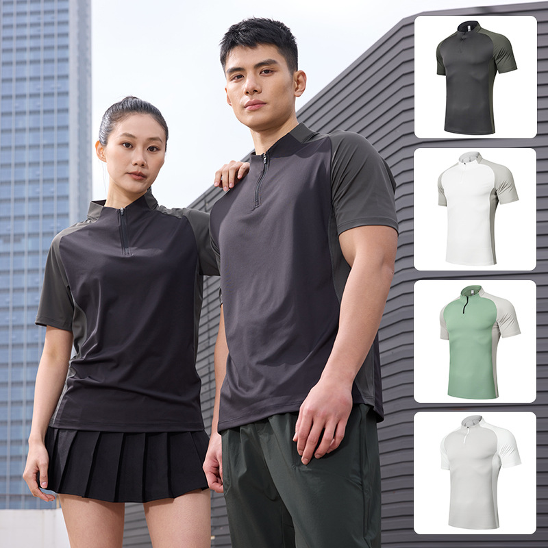 Summer Outdoor Quick-Drying Sports T-Shirt Men's Stand-Up Collar Half-Zip Men's Fitness Clothes Loose Casual Running Training Short-Sleeved
