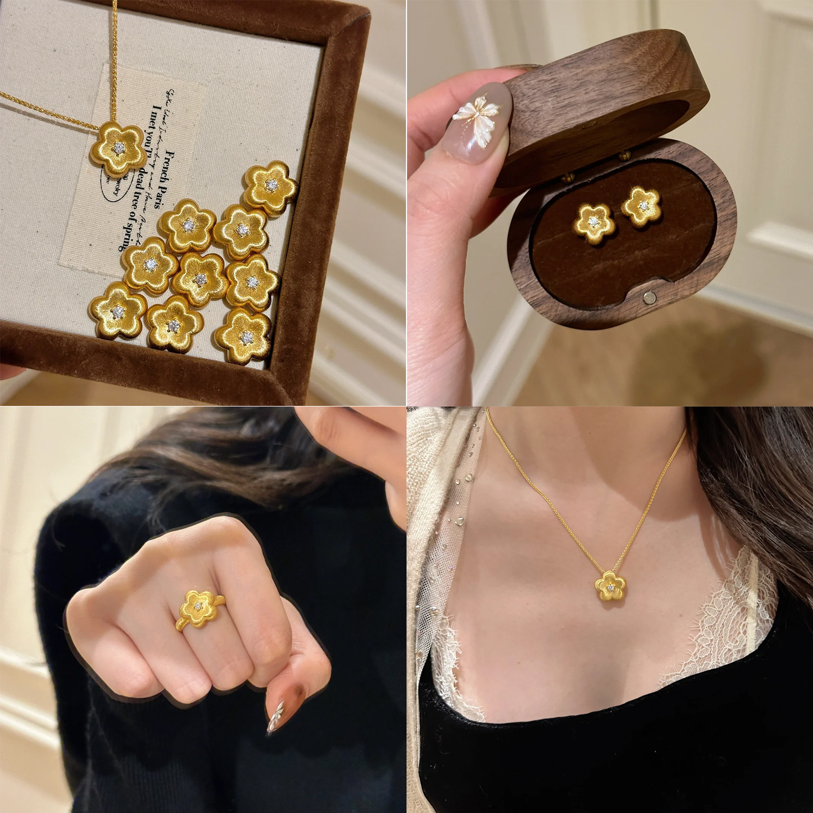 New Chinese Style National Fashionable Style Wire-drawing Small Golden Flower Pendant Light Luxury High-end Flower Earrings Simple All-match Diamond-studded Ring